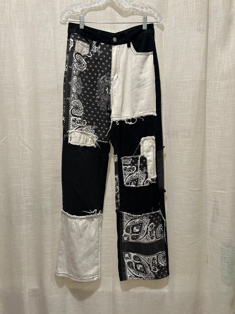 SHEIN Paisley Patchwork Boyfriend Jeans Women S/4-34 Distressed Blk/Wht Western